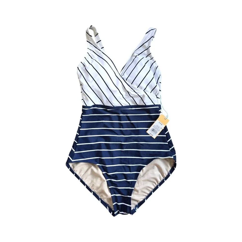 Kona Sol Striped One Piece Swimsuit in Navy and White Size S NWT